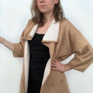 Chico's Tan Brown White Wool Blend Sweater Jacket  Women's Size 2 US Large